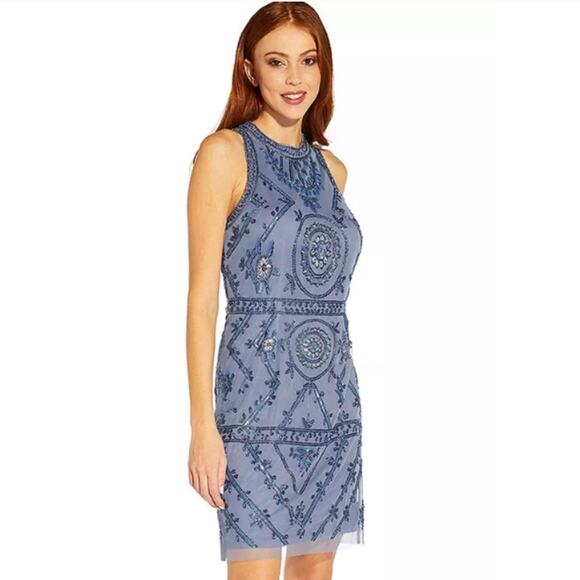 NWT Adrianna Papell Beaded Short Halter Dress French Blue Size 14 - Picture 2 of 9